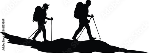 Silhouette of hikers walking with backpacks and trekking poles on mountain trail, outdoor adventure travel, exploration, camping, and hiking concept illustration