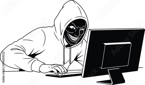 Evil Hacker Typing on Computer with Mask Illustration Isolated on Transparent Background