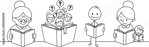 Family Reading Books Line Art Illustration – Isolated on Transparent Background Black and White Outline