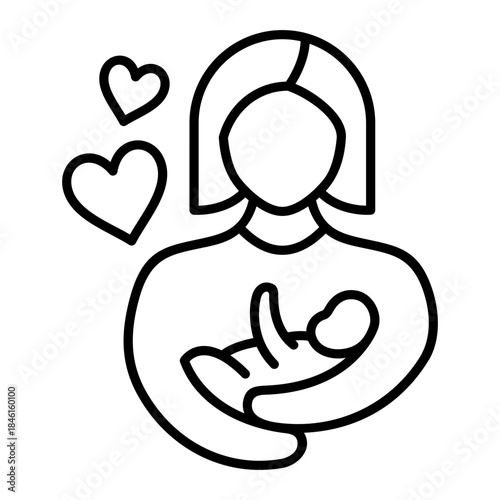 Mother's Love and Affection for Her Newborn Baby with Heart Symbols Line Icon. Symbolizing maternal love, attachment, bonding, pediatric care, and emotional support for new moms.