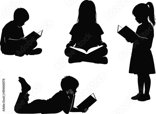 Children, reading, silhouette, book, posture, education, literacy, learning, sitting, lying, standing, relaxing, pose, black, white, vector, flat, illustration, cad drawing flat vector illustration