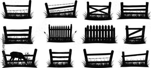 Fence, silhouette, farm, rural, agriculture, wooden, barbed wire, picket, grass, animal, deer, rustic, field, boundary, black, white, vector, flat, illustration, cad drawing flat vector illustration