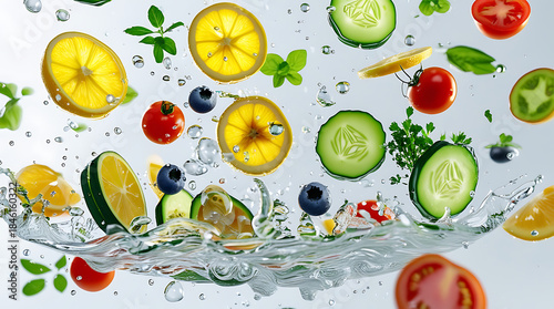 Fototapeta Naklejka Na Ścianę i Meble -  Fresh vegetables and fruits in water splash cucumbers 1