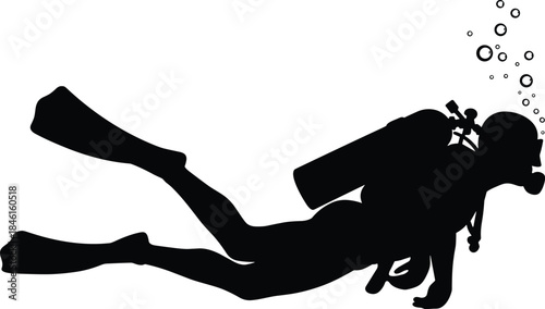 Silhouette of scuba diver underwater, professional diving illustration, ocean exploration vector art, snorkel gear swimmer, marine adventure graphic design for posters and logos