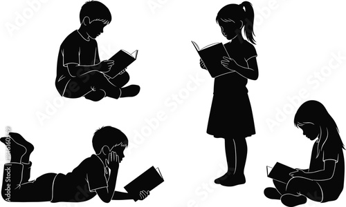 Children, reading, silhouette, book, posture, education, literacy, learning, sitting, lying, standing, relaxing, pose, black, white, vector, flat, illustration, cad drawing flat vector illustration