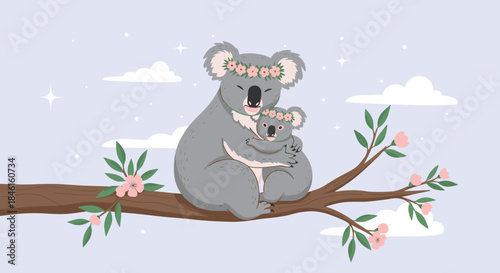 Loving mother koala with a flower crown tenderly hugging her baby on a blooming tree branch under a starry purple sky.