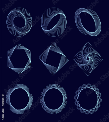 White radial spiral pattern set. Circular rotating speed line form collection. Spinning circle sound wave concept. Abstract sunburst ray or beam element pack for icon, badge, logo, tag, label. Vector