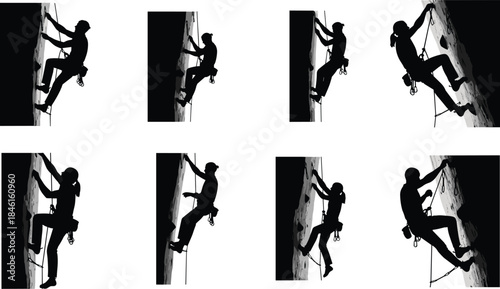 Silhouette, rock climbing, indoor wall, vertical ascent, harness, rope, athlete, sport, fitness, motion, training, adventure, extreme, challenge, grip, strength, silhouette  safety gear, illustration