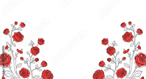 Elegant floral frame or border design featuring hand-drawn red roses with black and white leaves on climbing vines for invitations.