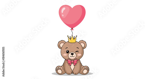 Adorable winking teddy bear prince wearing a crown and bow tie, sitting with a pink heart-shaped balloon on a white background.