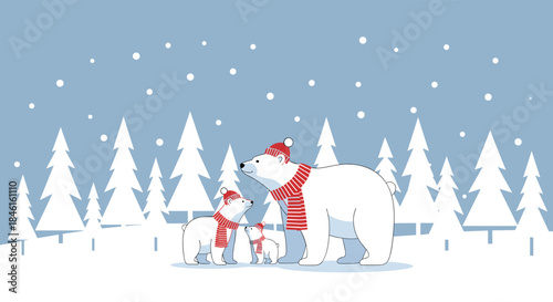 A loving polar bear family with a parent and two cubs wearing festive red hats and scarves in a snowy winter forest landscape.