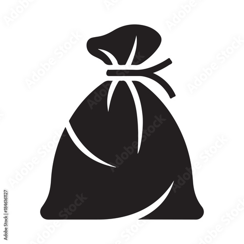 Simple black silhouette icon depicting a tied-up sack or bag, isolated on a white background