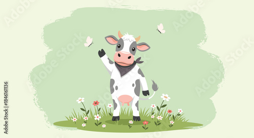 Friendly cartoon cow waving from a green pasture with flowers and butterflies, illustrated in a charming, hand-drawn, textured style.