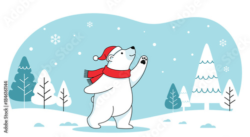 A cheerful polar bear wearing a Santa hat and red scarf waves happily in a snowy forest during a gentle winter snowfall.