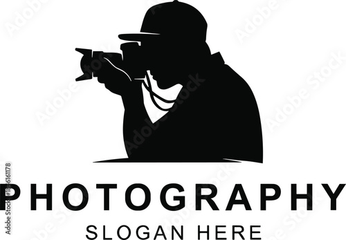 Silhouette photographer holding camera, professional photography logo design for studio branding, creative cameraman vector icon for media business and visual identity