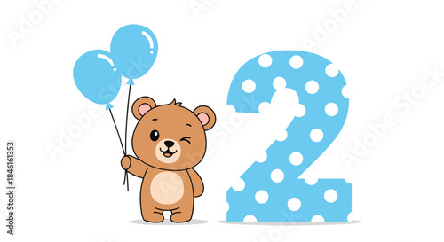 A winking cartoon teddy bear holding two blue balloons stands beside a large, blue polka-dotted number two for a second birthday.