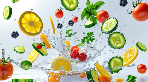 Fototapeta Naklejka Na Ścianę i Meble -  Fresh vegetables and fruits in water splash cucumbers