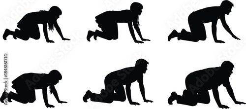 Crawling, silhouette, posture, movement, child, adult, hands, knees, development, motion, black, white, vector, flat, collection, illustration, cad drawing flat vector illustration