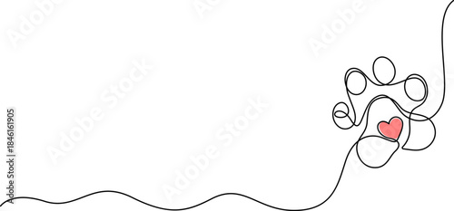 Cute dog paw continuous one line drawing minimal pet outline vector illustration on white background, Drawing of an animal paw print inside a heart outline in one line art style. Illustratio