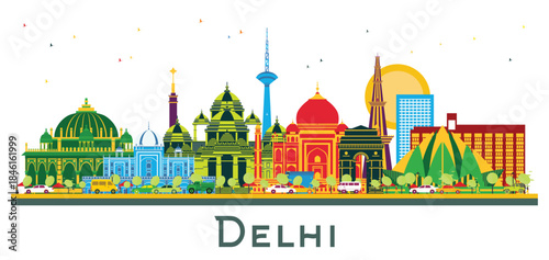 Delhi India City Skyline with Color Buildings isolated on white. Illustration. Business Travel and Tourism Concept with Historic Architecture. Delhi Cityscape with Landmarks.
