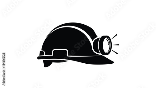 A black and white illustration of a miner s helmet with a bright headlamp