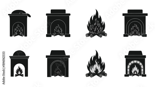 Black and white illustration of various fireplace designs with burning flames