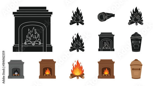 A collection of fireplace and fire related icons in various styles