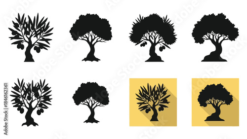 Stylized black silhouettes of various trees with different crown shapes