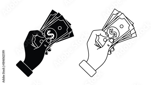 Hands exchanging stacks of money black and white outline illustration