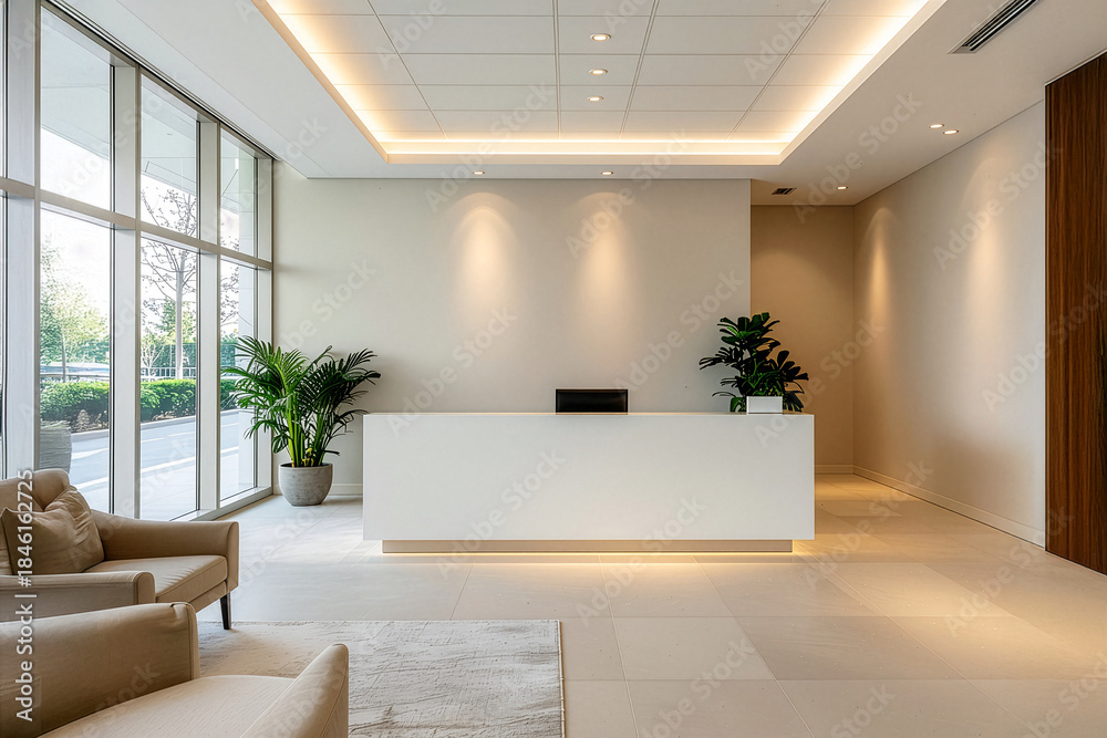 Fototapeta premium Modern Reception Area with Minimalist Design and Natural Light