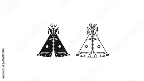 Two black and white illustrations of traditional native american teepees