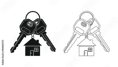 Black and white keychains depicting house shapes and keys together