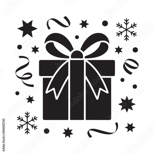 A black and white icon illustration of a gift box surrounded by christmas and celebration elements