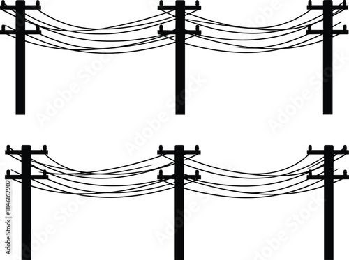 Silhouette utility poles with overhead power lines, electrical distribution vector illustration, rural infrastructure design, high voltage cables graphic, clean black and white energy concept artwork
