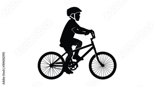 Silhouette of a child riding a bicycle simple black and white illustration