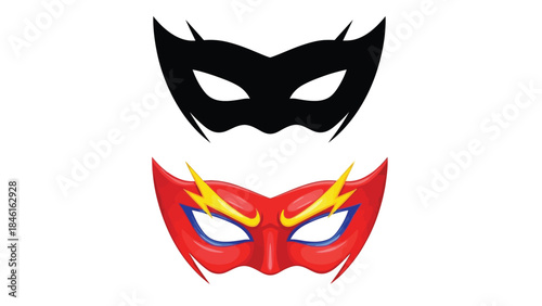 A striking depiction of a black and a red superhero mask design