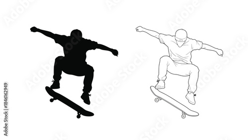 Skateboarder in action a silhouette and line drawing comparison