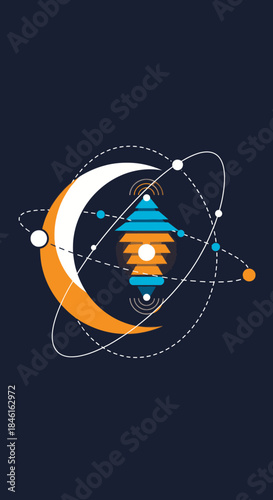 Abstract geometric design featuring a crescent moon orbiting a layered pyramid structure with connected dots and lines.