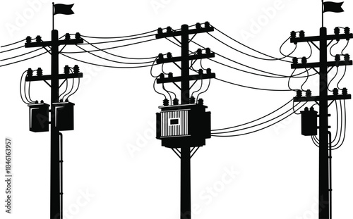 Silhouette vector of utility poles, electrical transformers, power lines, insulators, urban grid, energy infrastructure, electricity distribution system, black and white artwork