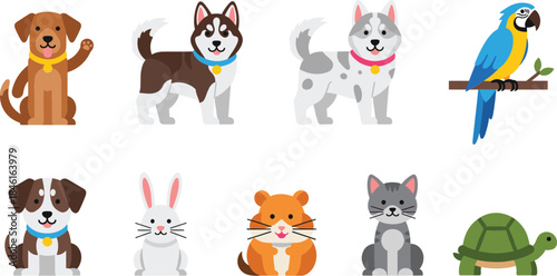 Cute Cartoon Pet and Animal Icon Set with Dogs Cats Rabbit Hamster Turtle and Parrot Flat Vector Illustration