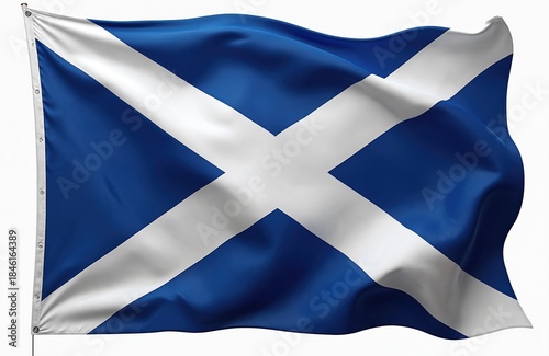 Waving Scotland flag with white saltire cross on blue background. National symbol fabric blows in wind, isolated on white studio backdrop. Independence concept for patriotic themes.
