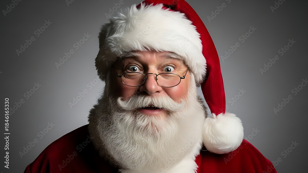 Naklejka premium Shocked Facial Expression of Santa Claus on Plain Grey Studio Backdrop
