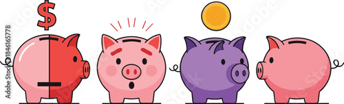 Cute Piggy Bank Characters Showing Savings Money Growth and Financial Concept in Playful Flat Cartoon Vector Illustration