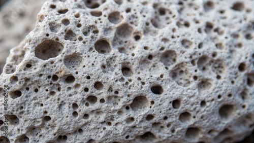 Extreme close-up of porous grey pumice stone with numerous small holes rock texture Background