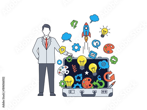 Ideas Take Flight A Businessman with a Bursting Briefcase of Creative Concepts