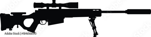 Sniper rifle silhouette illustration, modern precision weapon design with scope and bipod, black military firearm vector isolated on white background for tactical concept