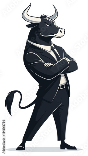 Confident  bull Businessman Mascot Standing 
arms Crossed Vector Illustration