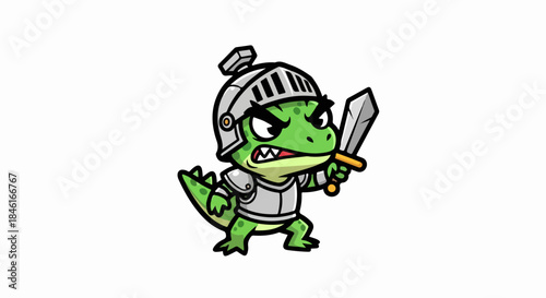 Cartoon Knight Lizard Character Wielding Sword in Battle Armor for Fantasy Adventure Theme