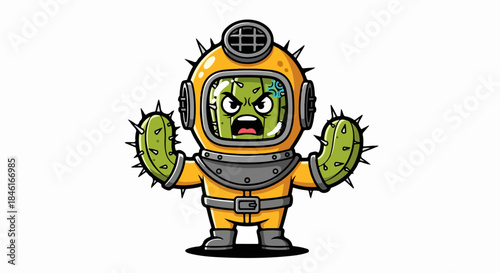 Angry Cartoon Cactus Character in Diving Suit with Helmet and Spiky Arms