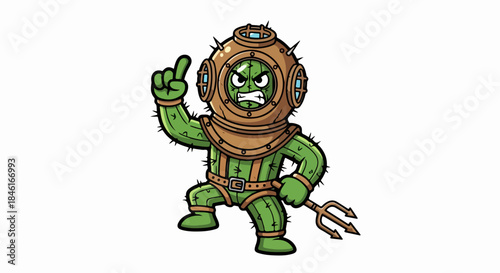 Retro Pixel Art Diver Character in Green Armor with Trident and Vintage Diving Helmet